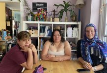 Violetta, Martha, and Lyn Rye sitting in Casa Al-Fatiha